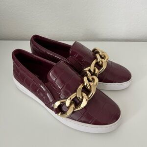 New size 6 Michael Kors Burgundy Red white Sneakers Gold Chain slip on shoes